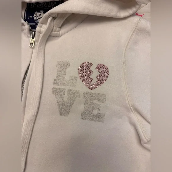 VS PINK VINTAGE Y2K FULL ZIP HOODIE WHITE RAINBOW BLING LOVE BROKEN HEART RARE M - Picture 6 of 11